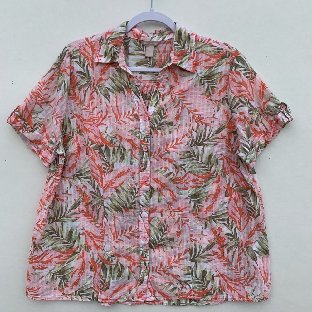 White Stay Boxy Button Down Top Blouse Womens XL (16-18) Tropical Print Green